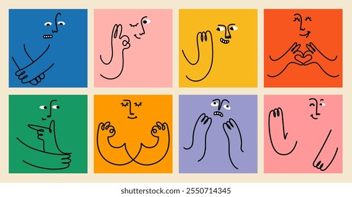 Emoji conjunto de pessoas diversas enfrentam fazendo gestos engraçados da mão e emoções. Desenho avatar colorido dos emojis de mídia social em desenhos animados planos modernos estilo de arte simples doodle