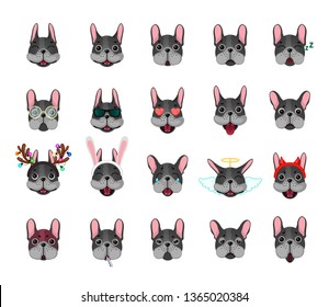 Emoji set. Dogs French bulldog, faces with different expression of emotions. Emoticons in the form of dogs