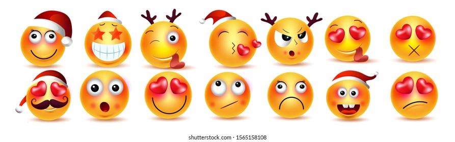 Emoji set, emoticon set, smiley face vector illustration icons.Santa Claus festive emoji collection