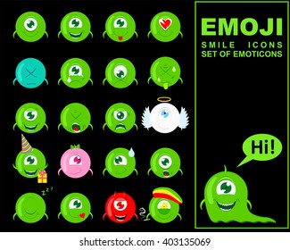 Emoji. Set of Emoticons. Smile icons. Isolated vector illustration on black background. Cartoon funny faces with emotions. Monsters expression vector set. 