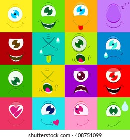 Emoji. Set of Emoticons. Smile icons. Vector illustration. Cartoon funny faces with emotions. Monsters expression vector set. 
