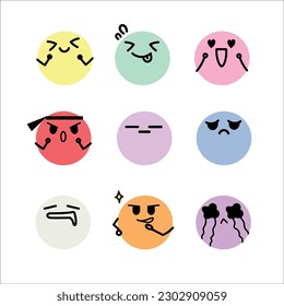 Emoji set, Faces emotions, expressive faces, Kawaii cute faces, Flat design, Pastel icons,  and Vector illustration icons set. version 2