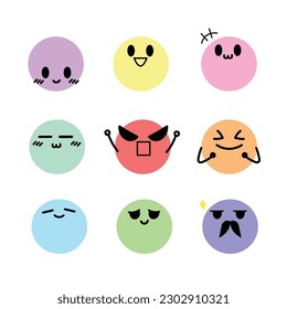 Emoji set, Faces emotions, expressive faces, Kawaii cute faces, Flat design, Pastel icons,  and Vector illustration icons set. version 5