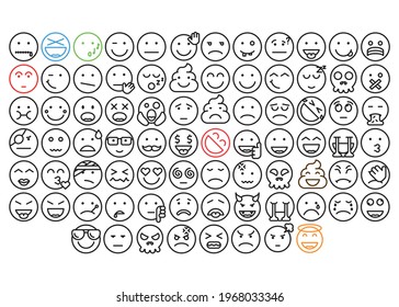 Emoji set. Faces in a linear style. Vector graphic, abstraction. Icons for social networks and mobile applications.