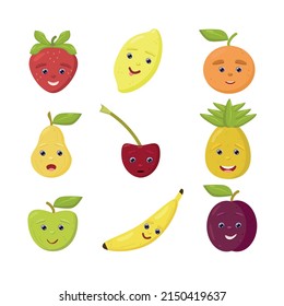 Emoji Set. Funny Emoticons Fruits And Berries: Strawberry, Lemon, Orange, Pear, Cherry, Pineapple, Apple, Banana, Plum. 