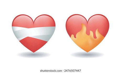 Emoji set. Heart on fire emoji and mending heart emoji isolated on white background. 