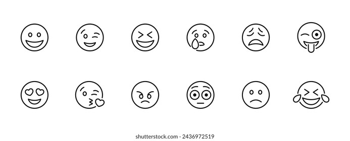 Emoji set icon. Smiling, winking, laughing, crying, sad, mad, in love, angry, puzzled, exhausted, laughing until tears emoji icon. Air kiss. Vector line icon on white background.