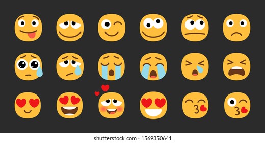 Emoji set. Joyful, sad and love emoticons. Yellow emotional faces. Vector symbols collection