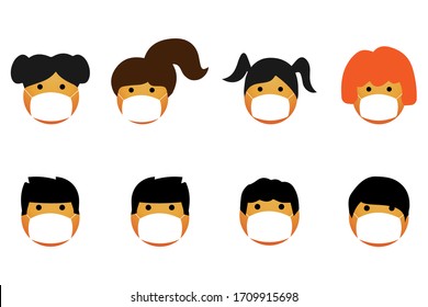 Emoji set with medical mask. Cute smiley face, wear a medical mask.Different hairstyles for boys and girls. Set of emoticons.