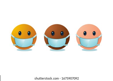 Emoji set with medical mask. International people cartoon faces. Virus protection concept.