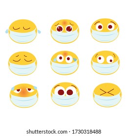 Emoji set with medical masks. Face mask emoji set  for social media chat. Virus protection cute smiles vector illustration. Sick and sad smile faces.