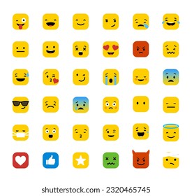 Emoji set. modern emoticon cartoon emojis symbols digital chat objects vector icons set, Flat yellow emoji collection. happy smile, sad crying face, angry facial expressions. Emoticons vector icons