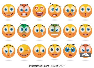 Emoji set. Emoji sticker pack. Human emotions: happy, angry, enamored, surprised, sad, embarrassed, sick, irritated. Funny faces. Yellow round character.