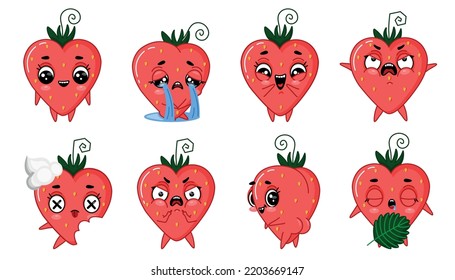 Emoji set of stickers red strawberry. Vector illustration in the style of flat.