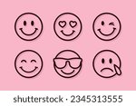emoji set, set of thin line smile emoticons isolated on a pink background, vector illustration