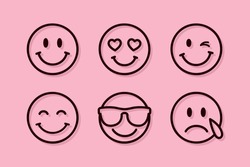 Emoji Set, Set Of Thin Line Smile Emoticons Isolated On A Pink Background, Vector Illustration