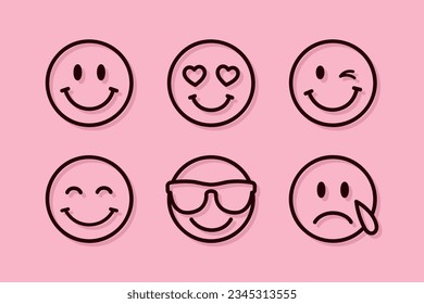 conjunto de emoji, conjunto de emoticonos de sonrisa delgada aislados en un fondo rosa, ilustración vectorial