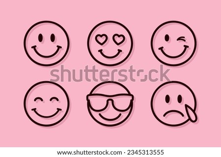 emoji set, set of thin line smile emoticons isolated on a pink background, vector illustration