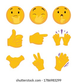 Emoji se puso con la cara pensante, otra con la mano sobre la boca, otra con gestos de silencio y gestos de mano como el pulgar arriba, apuntando a la derecha, celebrando, apretón de manos, gesto de victoria y señal de ondear.