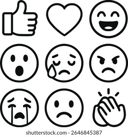 Emoji set with various facial expressions and emotions including happy, sad, angry, crying, clapping, love, and thumbs up	
