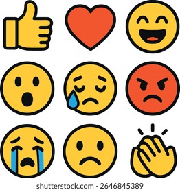 Emoji set with various facial expressions and emotions including happy, sad, angry, crying, clapping, love, and thumbs up	
