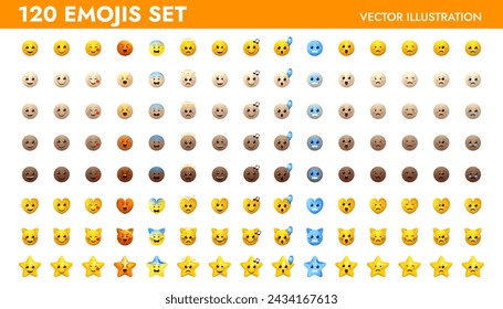 Emoji set vector illustration design. Emoticons pack for web and messengers. Facial signs for messengers ans apps. Yellow and different skin tones icons.