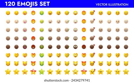 Emoji set vector illustration design. Emoticons pack for web and mobile applications. Facial circle signs for messengers ans apps. Yellow and different skin colors icons.