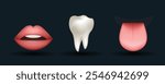 Emoji set. White tooth, tongue and red lips with opened mouth isolated on dark background