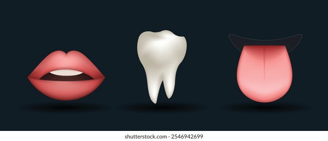 Emoji set. White tooth, tongue and red lips with opened mouth isolated on dark background