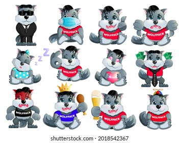 Emoji Set Wolf pack, stickers Vector, isolated character, cartoon emoticons with different emotions for site: thumb up down ok, sleeping, with money, heart, beer, coronavirus mask, propeller cap, tie.