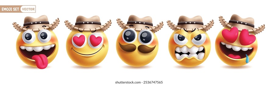 Emoji sheriff vaquero emoticon personaje Vector conjunto. Emojis emoticonos de personajes de iconos amarillos con colección de mascota traviesa, enamorada, cool, enojada y atrae expresiones faciales. Ilustración vectorial