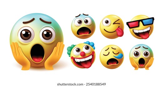 Emoji choque emoticon conjunto de vetor de caracteres. Emojis choque, surpresa e surpreendentes elementos gráficos com emoticons medo, impertinente, legal, palhaço, espirros e choque expressão facial coleção ícone. Vetor 