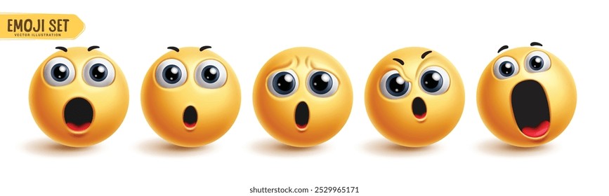 Emoji choque emoticon caracteres conjunto de vetor. Emojis emoticons personagens em surpresa, uau, chocado, fascinante, consternação e excitado expressão facial elementos gráficos. Emojis amarelo de ilustração vetorial