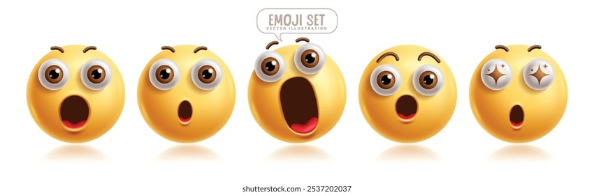 Emoji sorprendió a los personajes de emoticonos en 3D conjunto de Vectores. Personaje de emoticono sorprendido, asombrado, asombrado, maravilla, boca abierta, fascinantes y emocionados Elementos gráficos de expresión facial. Emojis de Ilustración vectorial