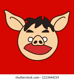 emoji with shocked or amazed pig man saying eek! with wide open mouth & eyes while his face is expressing a deep shock from what he just saw or heard, simple hand drawn emoticon