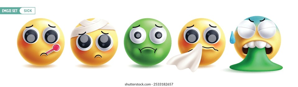 Emoji kranke 3D-Zeichen, Vektorsatz. Emojis Krankheit Gesicht Symbol wie Grippe, Übelkeit, Fieber, Niesen und Erbrechen Emoticon Gesichtsausdruck Sammlung auf weißem Hintergrund. Vektorgrafik krankes Emoticon