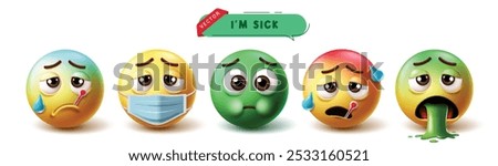Emoji sick 3d characters vector set. Emojis icon like flu, cough, weak, nauseous and vomit emoticon collection in white background. Vector illustration illness facial expression set. 
