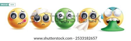 Emoji sick 3d characters vector set. Emojis illness face icon like flu, nauseous, fever, sneezing and vomit emoticon facial expression collection in white background. Vector illustration sick emoticon