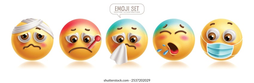 Emoji-kranke 3D-Emoticon-Zeichen, Vektorsatz. Emoticons Charakter mit Husten, Erkältung, Krankheit, Krankheit, Fieber, Niesen und Grippe Gesichtsausdrücke grafische Elemente Sammlung. Vektorgrafiken 