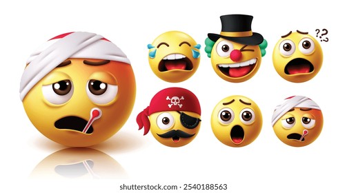 Conjunto de vetores de caracteres doentes de Emoji. Doença emoticon como gripe, febre, fraco, mal-estar e bandagem com choro, palhaço, choque, pirata e coleção de personagens emojis de expressão facial surpresa. Vetor 