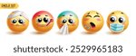 Emoji sick characters vector set. Emoticon face 3d character with illness, flu, fever, cough and sneezing yellow icon collection in white background. Vector illustration for graphic design elements. 
