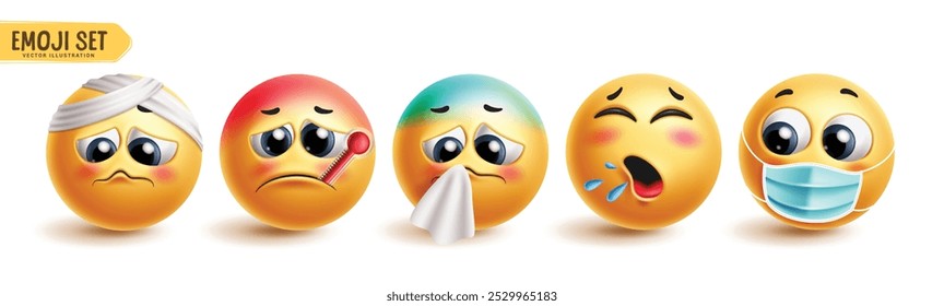 Conjunto de Vector de personajes enfermos de emoji. Carácter 3d de la cara del emoticono con la colección amarilla del icono de la enfermedad, de la gripe, de la fiebre, de la tos y del estornudo en fondo blanco. Ilustración vectorial para Elementos de Diseño gráfico. 
