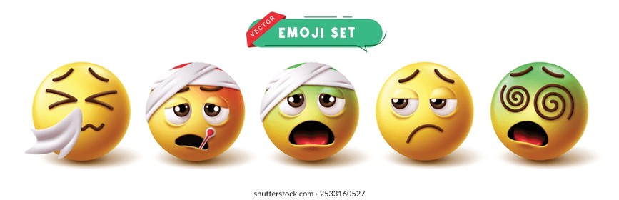 Conjunto de vetores de caracteres doentes Emoji. Emoticon e doença emojis como espirros, gripe, febre, fraco, tonto e bandagem 3d cara coleção de personagens. Elementos de design emojis doentes para ilustração vetorial. 
