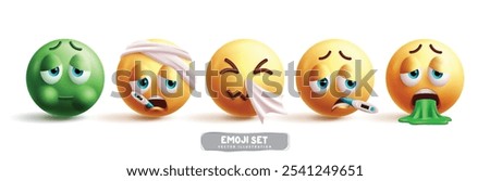 Emoji sick characters vector set. Emojis illness emoticon facial expressions like flu, nauseous, sneezing, fever and vomit icon elements collection in white background. Vector illustration sick