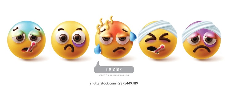 Emoji sick emoticon characters vector set. Emoticons emojis character with illness, flu, fever, colds, injured and nauseous face icon collection. Vector illustration emojis sickness set collection. 
