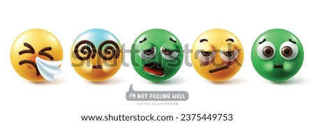 Emoji sick emoticon characters vector set. Emojis emoticon with health sickness, dizzy, nauseous, sneezing, sleepy, and vomit facial expressions graphic elements collection. Vector illustrations emoji