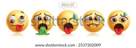 Emoji sick emoticon characters vector set. Emojis emoticon with sickness, dizzy, nauseous, drunk, disgusting, sleepy and vomit facial expressions 3d graphic elements collection. Vector illustrations 
