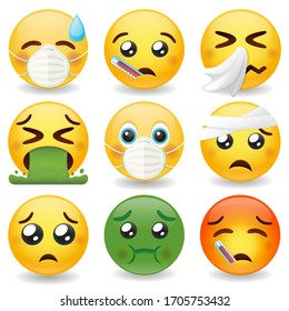 Emoji sick set expression. Emoticon Icons disease collection. Vector design people.