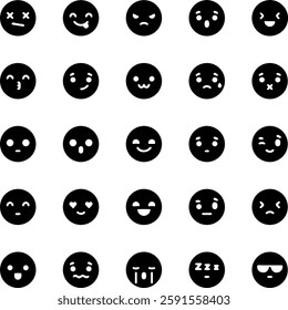 Emoji silhouettes. 25 different emotions in simple emoticons.