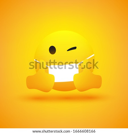 Emoji - Simple Emoticon with Winking Eye, Showing Thumbs Up and Wearing Medical Mask - Vector Design on Yellow Background